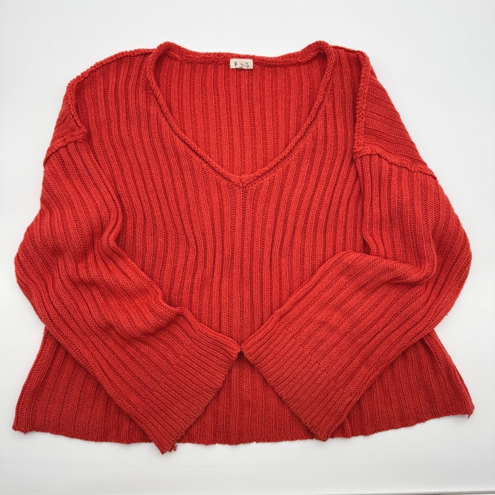 POL Red Orange Ribbed V-Neck Oversized Sweater Wool Blend Womens Large